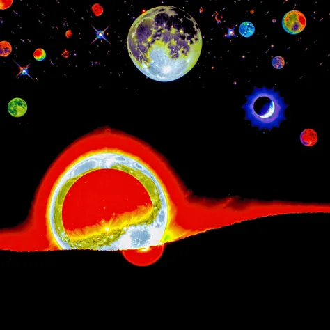 In this vivid and surreal image, a cosmic scene unfolds against a backdrop of deep blackness studded with a myriad of colorful celestial bodies. Dominating the composition is a massive, glowing orb reminiscent of a star or planet in the midst of a solar ec...