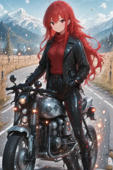 top quality, masterpiece, Ultra Fine, 4K,  
red hair, long hair, womanhood, sharp gaze, confident expression, soft skin texture,  
black leather jacket and tight pants, Black Boots, leather gloves with exposed fingertips, long hairがヘルメットから少し見えるスタイル,  
span...