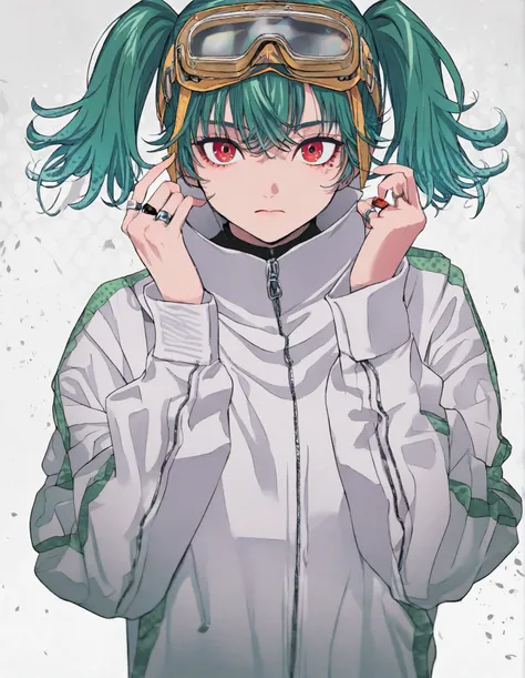 masterpiece, Newest,very high resolution, incredibly very high resolution,4ki4k4ne_illustrations, halftone, overview background, overview,depth of field, solo,  green hair, Red Eyes, ring, short hair, hair zipper, 1girl, upper body, under eye, long sleeve,...