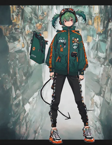 masterpiece, Newest,very high resolution, incredibly very high resolution,4ki4k4ne_illustrations, halftone, overview background, overview,depth of field, solo,  green hair, Red Eyes, ring, short hair, hair zipper, 1men, Full Body, under eye, long sleeve, j...