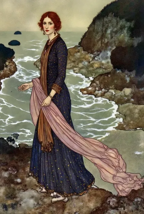 an illustration of Durac 1 . Woman with quiet expression , It fits her overall figure . she has wavy , with red hair that reaches up to her shoulders、long , dark blue dress with intricate ornaments , stylized fロラl patterns . the dress is flowing , almost ...