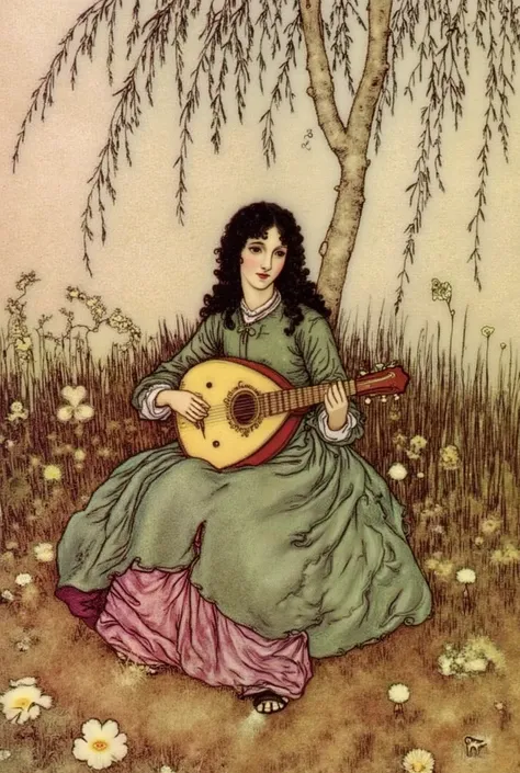 an illustration of Durac 1 . long haired young girl , small flowers and plants . she is sitting on the ground with a thin black ribbon , green々And , Mr.々on a meadow with small . The Girl Is Flowing , green、複雑な模Mr.のついた , Mr.式化されたパターン , And they loosen , l...