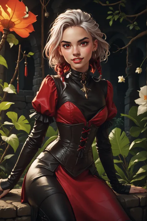 Slender body. White skin. Cute 18-year-old girl with big Indonesian/Aztec red eyes and unnaturally sharp teeth and black dreadlocks with white highlights. Sharp and pointy teeth. She has a cute and beautiful face. She has a round and young face. Her body i...