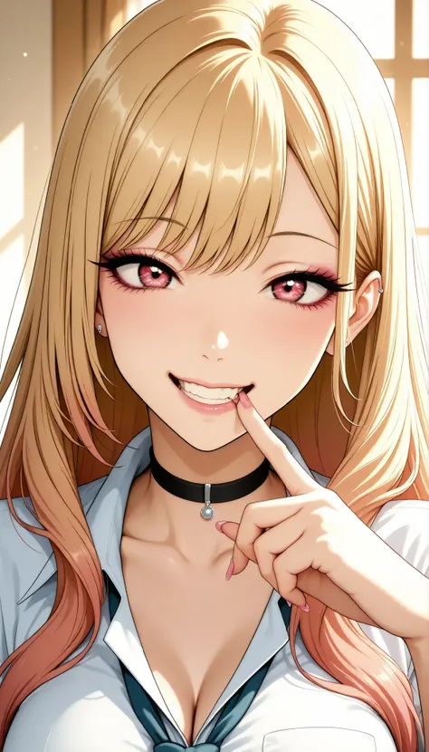 Gal, GAL, sexy, kitagawa marin, sono bisque doll wa koi wo suru, young beautiful woman, アニメBeautiful girl, Put up your finger, school uniform, Smile Yan:1.2, Saggy Eyes, open your mouth, High Quality, Detailed Expression Details, 4K high quality, anime sty...