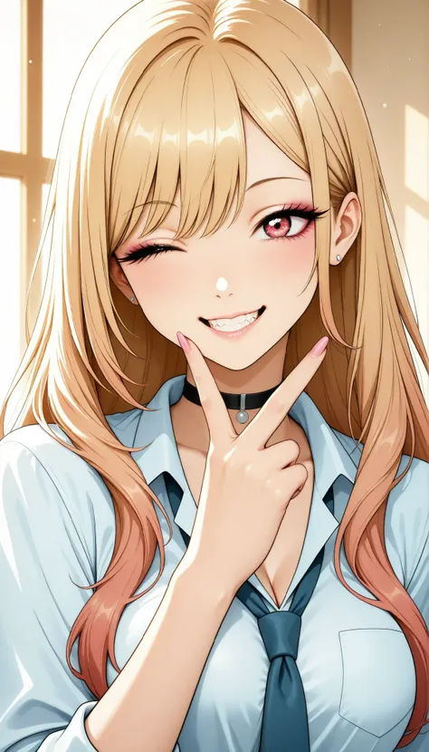 Gal, GAL, sexy, kitagawa marin, sono bisque doll wa koi wo suru, young beautiful woman, アニメBeautiful girl, V sign, school uniform, Smile Yan:1.2, wink with your finger, Saggy Eyes, Show your teeth, High Quality, Detailed Expression Details, 4K high quality...