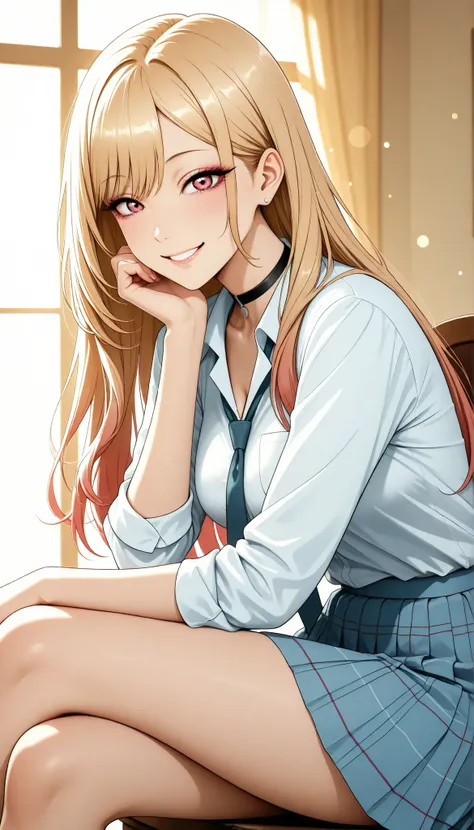 Gal, GAL, sexy, kitagawa marin, sono bisque doll wa koi wo suru, young beautiful woman, アニメBeautiful girl, chair, From the side, school uniform, Smile Yan:1.2, stare, Saggy Eyes, High Quality, Detailed Expression Details, 4K high quality, anime style, deli...