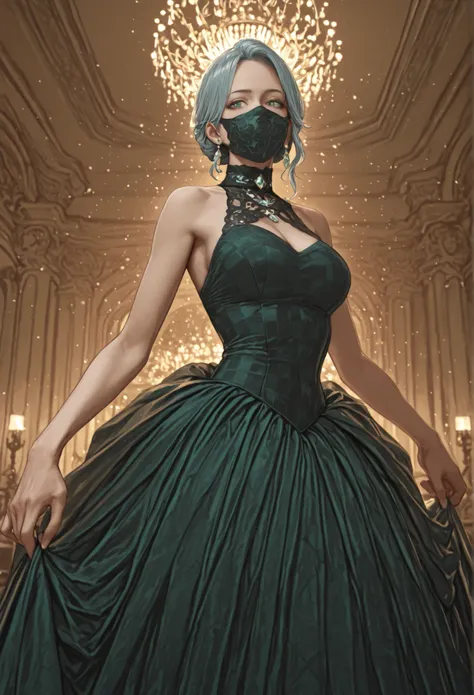 darling in a ball gown, Gray-blue hair , green eyes ,ballroom lace face mask, Checkered dress, at the ball, highly detailed, 4K, photorealistic, deep sharpness, High Quality, artfully crafted, perfectly lit, luxurious ballroom scene,  graceful movements , ...