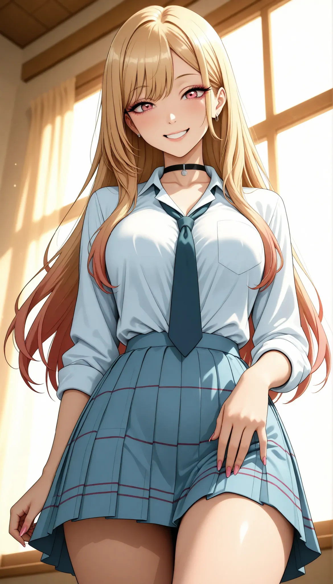 Gal, GAL, sexy, kitagawa marin, sono bisque doll wa koi wo suru, young beautiful woman, アニメBeautiful girl, Put your hand on the kabe, from below, school uniform, Smile Yan:1.2, stare, Saggy Eyes, High Quality, Detailed Expression Details, 4K high quality, ...