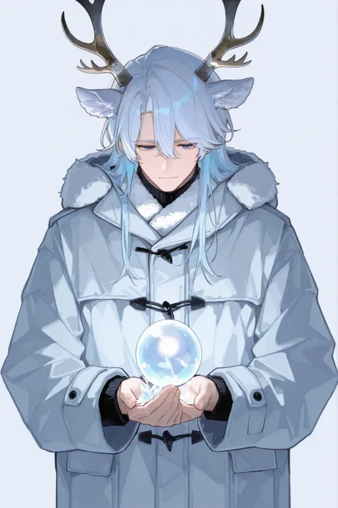 male,25 years old,The hair is white to blue,Wear a wool winter coat,Holding a white crystal ball in his hand,A pair of elk antlers, no background