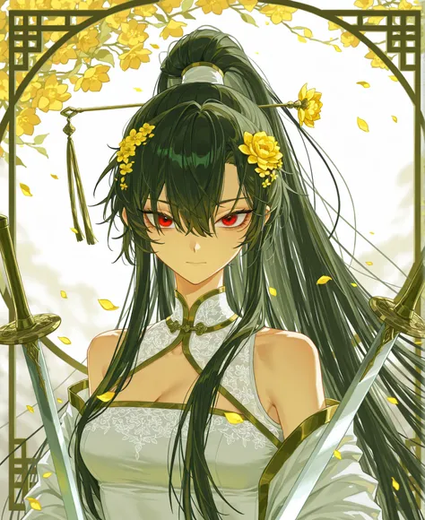 A high quality candid shot of a woman looking away from the viewer, tsurime, red eyes, hair in front of her eye, long high ponytail, golden flower in her hair, wearing a white cheongsam, flying sword next to her, JiaXichunLimbus, exposed shoulder, holding ...