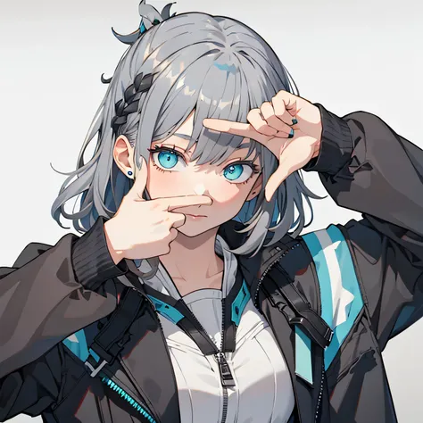 (Matthew Piece:1.2, best quality), One Girl,  turquoise eyes , jet black hair, jacket,(gray and white background :1.7),finger frame,full body,big breasts,