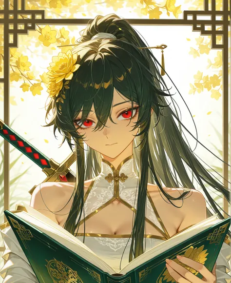 A high quality candid shot of a woman looking away from the viewer reading a book, tsurime, red eyes, hair in front of her eye, long high ponytail, golden flower in her hair, wearing a white cheongsam, flying sword next to her, JiaXichunLimbus, exposed sho...