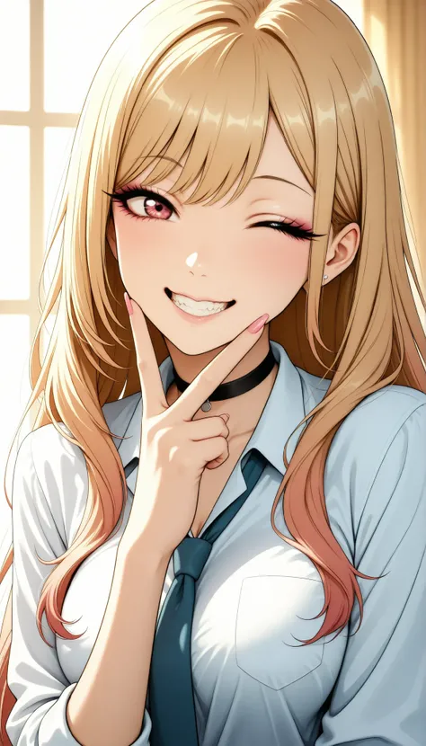 Gal, GAL, sexy, kitagawa marin, sono bisque doll wa koi wo suru, young beautiful woman, アニメBeautiful girl, V sign, school uniform, Smile Yan:1.2, wink with your finger, Saggy Eyes, Show your teeth, High Quality, Detailed Expression Details, 4K high quality...
