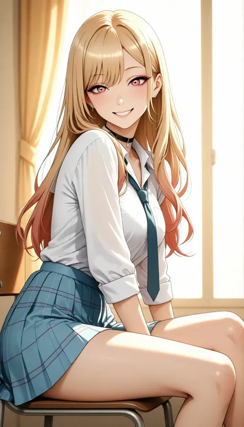 Gal, GAL, sexy, kitagawa marin, sono bisque doll wa koi wo suru, young beautiful woman, アニメBeautiful girl, chair, From the side, school uniform, Smile Yan:1.2, stare, Saggy Eyes, High Quality, Detailed Expression Details, 4K high quality, anime style, deli...