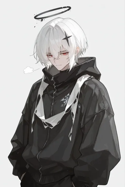male,25 years old,black angel halo,black and white windbreaker,broken scarf,short white hair,Red Eyes, no background