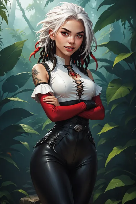 Slender body. White skin. Cute 18-year-old girl with big Indonesian/Aztec red eyes and unnaturally sharp teeth and black dreadlocks with white highlights. Sharp and pointy teeth. She has a cute and beautiful face. She has a round and young face. Her body i...