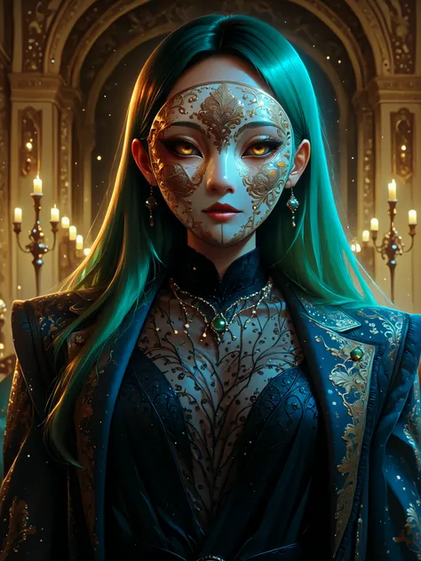 The general plan of a rococo masquerade ball in the magnificent 18th-century palace ballroom, crystal chandeliers and gorgeous ceiling frescoes, under warm candlelight. in the foreground, beautiful animated lady with large expressive yellow eyes, green hai...
