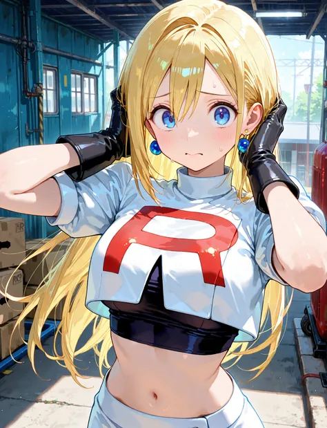 master piece,best quality,ultra detailed,ultra hires,32k,beautiful detailed face,beautiful detailed eyes,looking at a viewer,blue eyes,long golden hair,background is garage,white cropped short sleeve jacket, black gloves, earrings, thighboots, white skirt,...