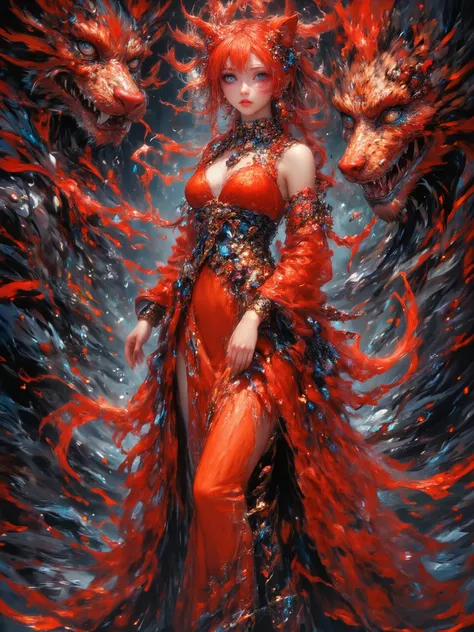  High-quality 4K animation-style digital painting ， depicts the fiery red cat girl Asuka Langley Soryu ，cat ears , bright blue eyes 。 She wears an iconic red ball gown with black trim， standing tall ， full of confidence , eye mask , ballroom mask