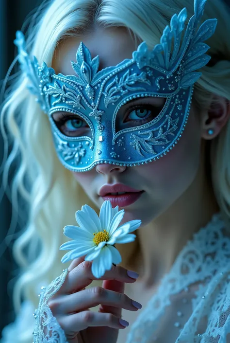 X3m, A girl holding a flower with white hair at the Masquerade, smelling his, her Face Is Covered by a Beautiful Eye Mask, beautifully colored eyes, jewelry and delicate beautiful lips, masterpiece, best quality,  8k resolution, realistically, Ultra high q...