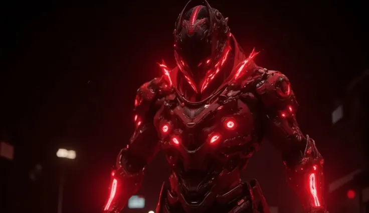 Red Ghost Hunter, Super Cool Ghost Killer, Wearing red Mechanical Armor, Play with lightning, Super Detailed, , sparkle, Reflexive, bioluminescence, Galactic Cybernetic Mask, Mecha, (Executioner: 1.2), Cloak looking down, s4g0d,  Glowing Run _red, Full Bod...