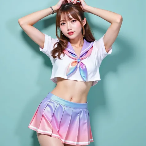 (One female idol 23 years old:1.10), ((rainbow gradation glitter glitter shiny sailor suit:1.20)), (Full body photo:1.25), Standing Pose, Leaning back upper body slightly, Raise Both Arms, (Take off the sailor uniform), (flare mini skirt), (Erect covered n...