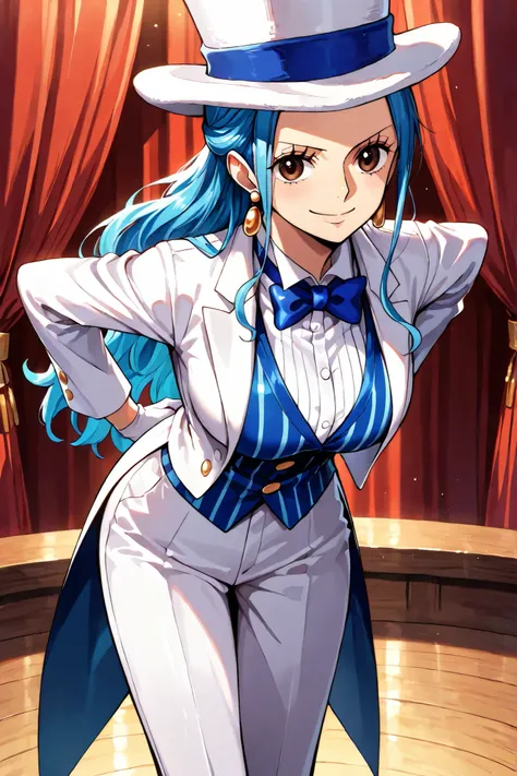 (masterpiece, vibrant colors), solo, 1girl, nefertari-vivi, one piece, long blue hair, earrings, brown eyes, sleek legs, breasts, (white silk top hat, blue band, snug fit), white tailcoat, blue pinstripe vest under tailcoat, blue bowtie, white dress pants...