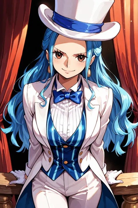  (masterpiece, vibrant colors), solo, 1girl, nefertari-vivi, one piece, long blue hair, earrings, brown eyes, sleek legs, breasts, (white silk top hat, blue band, snug fit), white tailcoat, blue pinstripe vest under tailcoat, blue bowtie, white dress pants...