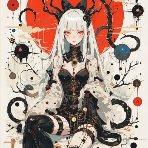 watercolor fusion, Acrylic and Collage, Conceptual Installation Art, Dull Image Processing ,  Doll Country Characters 、Titania, with shiny, silky straight hair that shines pure white in iridescent colors、black bow, Short, uncut bangs,  Seductive Ruby Red E...