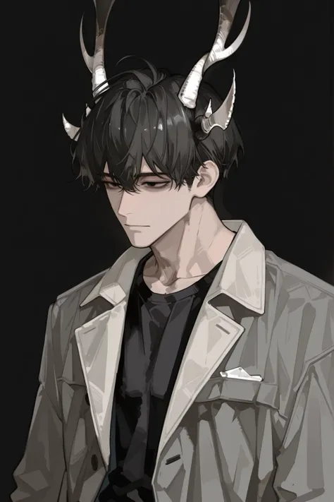 male,25 years old,off-white messy short hair,black eyes,black shirt,Gray coat,Elk double horn, no background ,Thin