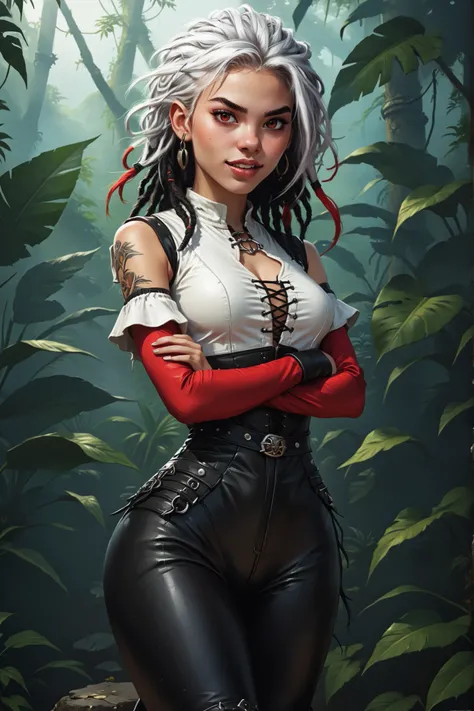 Slender body. White skin. Cute 18-year-old girl with big Indonesian/Aztec red eyes and unnaturally sharp teeth and black dreadlocks with white highlights. Sharp and pointy teeth. She has a cute and beautiful face. She has a round and young face. Her body i...