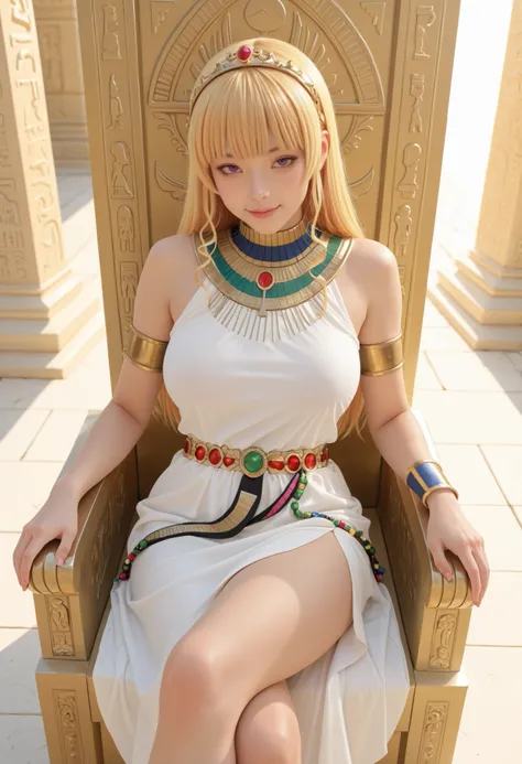 heanna sumire,masterpiece, best quality, realistic ,graceful pose, regal expression, elegant posture, head slightly tilted, seductive eyes, looking at viewer, detailed face, golden accessories, wide beaded collar, sheer white linen dress, jewel belt, golde...