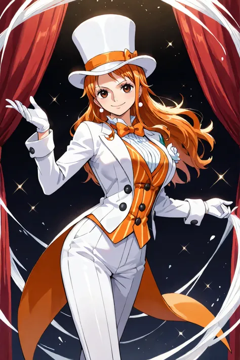  (masterpiece, vibrant colors), solo, 1girl, nami, one piece, long orange hair, earrings, brown eyes, sleek legs, breasts, (white silk top hat, orange band, snug fit), white tailcoat, orange pinstripe vest under tailcoat, orange bowtie, white dress pants, ...