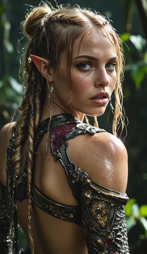 Close-up portrait of a young, light-skinned female elf, freckles, dirty, sweaty and wet, approximately 18 years old, with braided blonde hair styled in dreads a high bun. Elven-like pointed ears. She is wearing ornate, gold and silver chainmail armor wi...