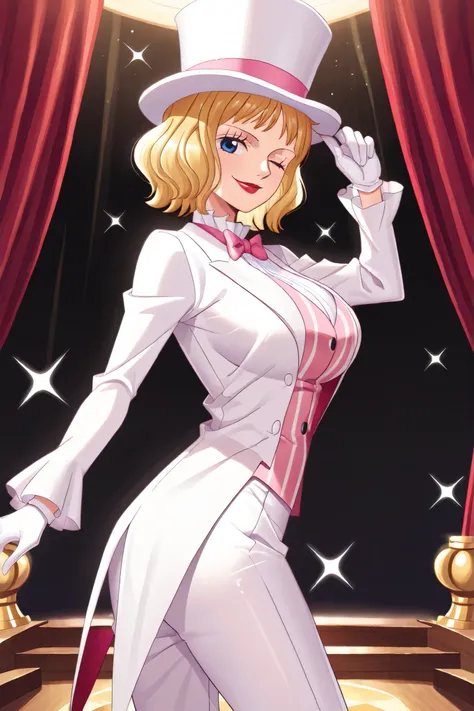 (masterpiece, vibrant colors), solo, 1girl, stussy, one piece, short hair, blonde hair, red lipstick, blue eyes, sleek legs, large breasts, (white silk top hat, pink band, snug fit), white tailcoat, pink pinstripe vest under tailcoat, pink bowtie, white dr...