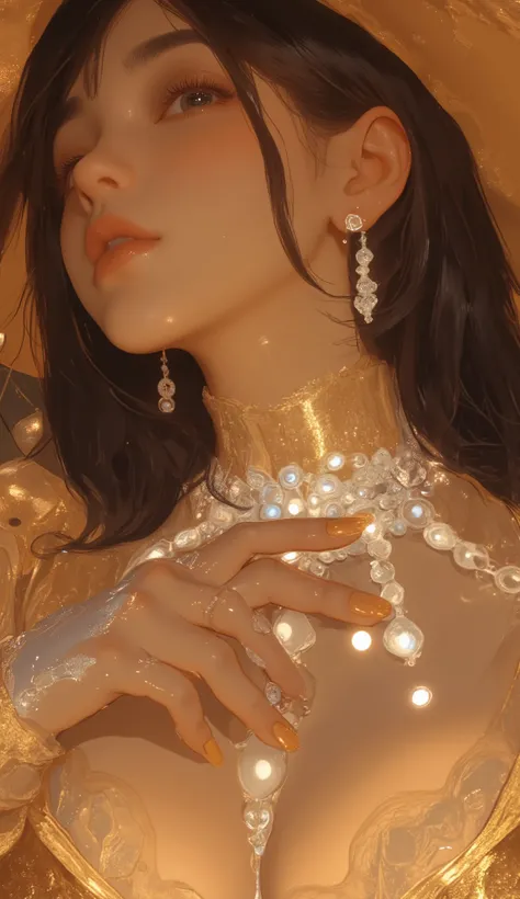The image is、elegant jewelry, of her body。. Her long nails are polished with a lustrous gold finish, 。中指には華やかなディテールbut施された細いリングなど、A sparkling necklace elegantly draped around her neck. This necklace highlights the 、A delicate chain pattern highlighting the...