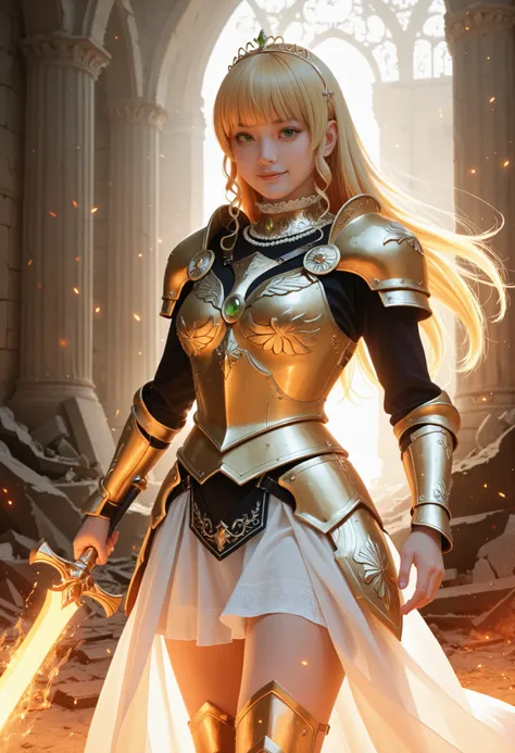 Heanna Sumire, masterpiece, best quality, ultra-detailed, realistic, elegant battle pose, golden magical sword, glowing blade, ethereal fire effects, magical light aura, ornate armored chestplate, sheer flowing skirt, beaded collar, golden thigh guards, co...