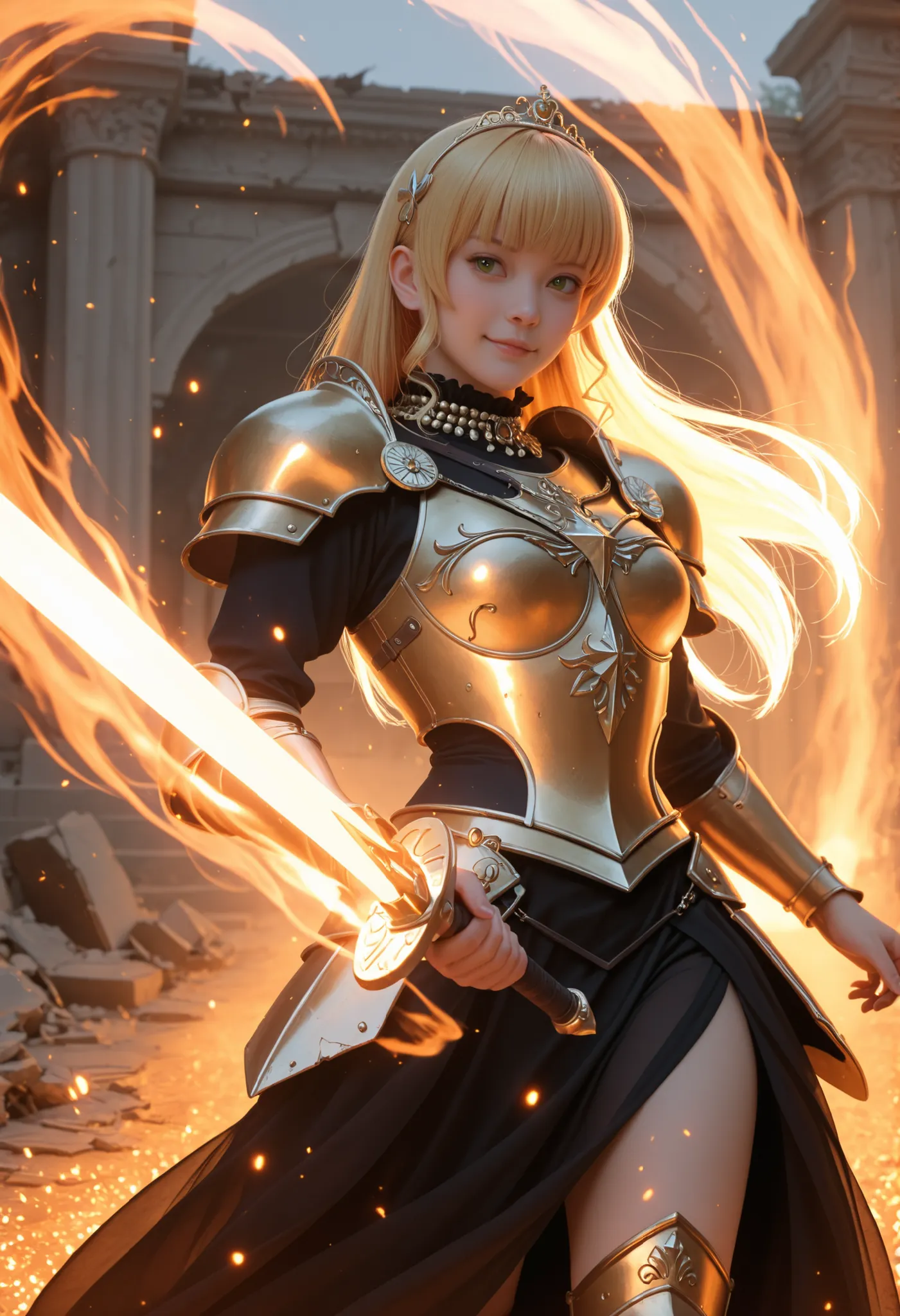 Heanna Sumire, masterpiece, best quality, ultra-detailed, realistic, elegant battle pose, golden magical sword, glowing blade, ethereal fire effects, magical light aura, ornate armored chestplate, sheer flowing skirt, beaded collar, golden thigh guards, co...