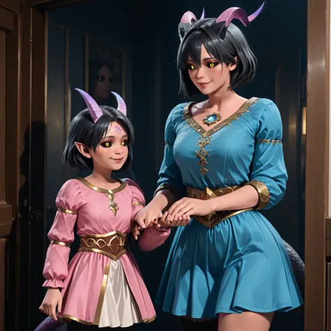 Mother and daughter, girl and child ,  Tifling girl, girl with four arms ,  she has straight long black hair, black hair, two small smooth purple horns grow on her forehead, she has big beautiful eyes, Black Sclera, her eyes are black, yellow iris, smiles,...