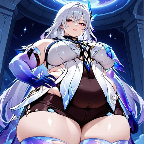 anime screencap, masterpiece, best quality,
1girl, solo, parted lips,
 1girl, solo, mature female, skirk \(genshin impact\), genshin impact, 1girl, solo, breasts, long hair, gloves, thighhighs, looking at viewer, elbow gloves, hand on hip, bangs, hair orna...