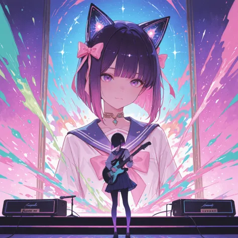 In a captivating scene fused with vibrant colors, a central figure, a young girl, stands poised with an electric guitar. She sports a school uniform with a sailor collar, adorned by a bright pink ribbon, matching the hypnotic hue of her instrument. Her hai...