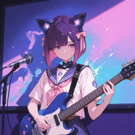 In a captivating scene fused with vibrant colors, a central figure, a young girl, stands poised with an electric guitar. She sports a school uniform with a sailor collar, adorned by a bright pink ribbon, matching the hypnotic hue of her instrument. Her hai...