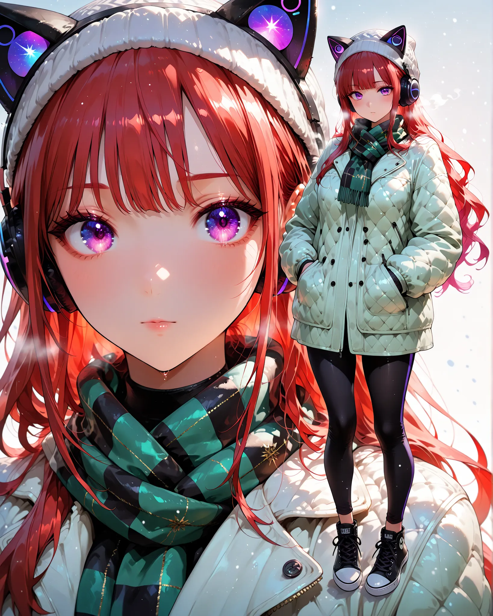 masterpiece. detailed image, perfect human anatomy, very detailed eyes, vivid colors, 4k, a beautiful woman (beautiful curves) with long red hair wavy at the ends, purple eyes, wearing winter clothes, a light blue quilted jacket, a gray winter cap, a green...