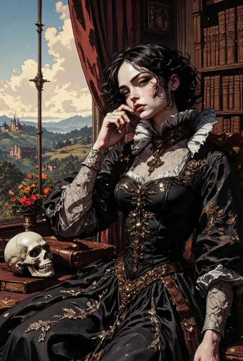 a young woman dressed in a Gothic outfit. In one hand, the subject holds the skull in a prominent place, while the other hand gently rubs her chin, as if she is in deep thought. This contemplative pose adds a layer of introspection to the composition, emph...