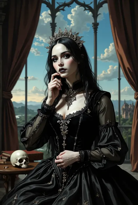 a young woman dressed in a Gothic outfit. In one hand, the subject holds the skull in a prominent place, while the other hand gently rubs her chin, as if she is in deep thought. This contemplative pose adds a layer of introspection to the composition, emph...