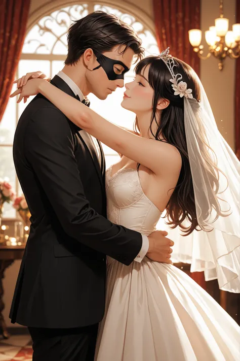 A couple at a masquerade ball both wearing masks dancing together