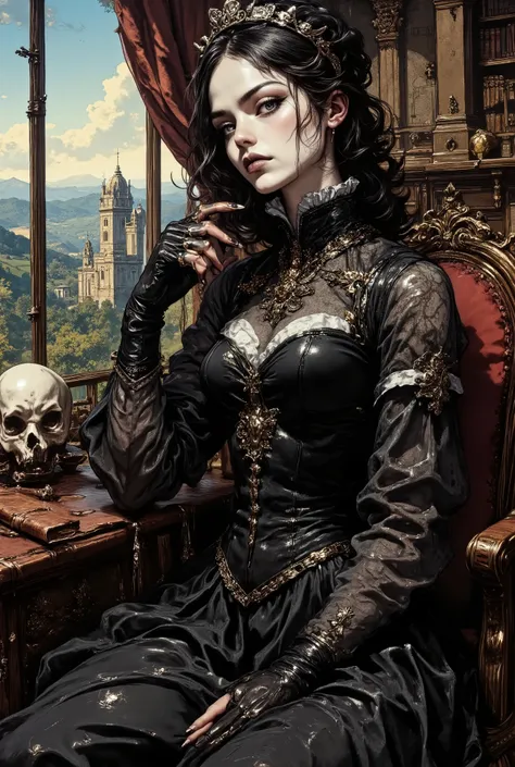 a young woman dressed in a Gothic outfit. In one hand, the subject holds the skull in a prominent place, while the other hand gently rubs her chin, as if she is in deep thought. This contemplative pose adds a layer of introspection to the composition, emph...