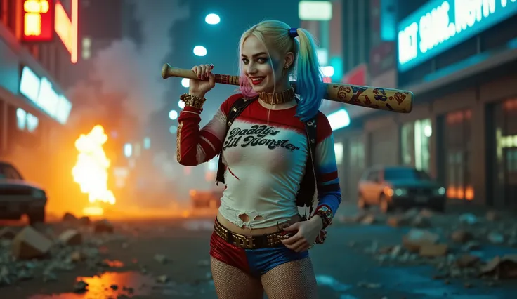 HarleyQuinnMargotQuiron,Margot Robbie in Harley Quinn's character, hyperrealistic cinematic portrait of Harley Quinn amidst the rubble of a destroyed city street at night, under glowing neon signs and creeping smoke. She wears her classic outfit: uma, tigh...