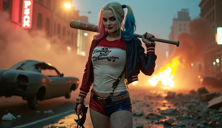 HarleyQuinnMargotQuiron,Margot Robbie in Harley Quinn's character, hyperrealistic cinematic portrait of Harley Quinn amidst the rubble of a destroyed city street at night, under glowing neon signs and creeping smoke. She wears her classic outfit: uma, tigh...