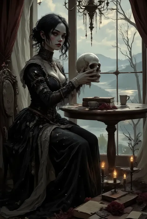 A young woman dressed in a Gothic outfit is sitting at a table. In one hand she holds a skull, and in the other hand she holds a silver cup, as if she is going to say a toast. Dramatic pose. The woman has pale skin and dark makeup, her lips are the color o...